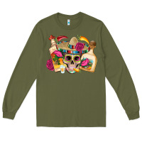 Army Green mexican skull sombrero tequila bottle paper roses Long Sleeve Tee - Artiststas