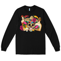 Black mexican skull sombrero tequila bottle paper roses Long Sleeve Tee - Artiststas