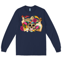 Navy mexican skull sombrero tequila bottle paper roses Long Sleeve Tee - Artiststas