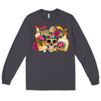 Mexican Skull Sombrero Tequila Bottle Paper Roses Long Sleeve Tee | Teevron