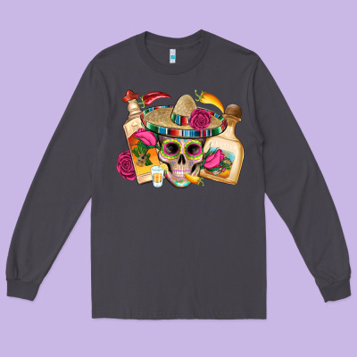 Mexican Skull Sombrero Tequila Bottle Paper Roses Long Sleeve Tee Designed By Artiststas