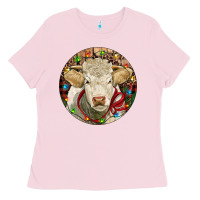 Bubblegum Pink Charolais Heifer Christmas Ladies Tee - RanaPortraitStore