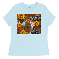 Baby Blue western horse with sunflowers and aztec leopard cowhide Ladies Tee - Artiststas