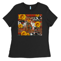 Black western horse with sunflowers and aztec leopard cowhide Ladies Tee - Artiststas
