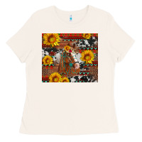 Bone western horse with sunflowers and aztec leopard cowhide Ladies Tee - Artiststas
