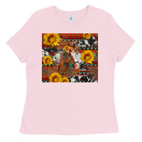 Bubblegum Pink western horse with sunflowers and aztec leopard cowhide Ladies Tee - Artiststas