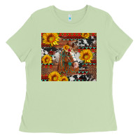 Western Horse With Sunflowers And Aztec Leopard Cowhide Ladies Tee | Teevron