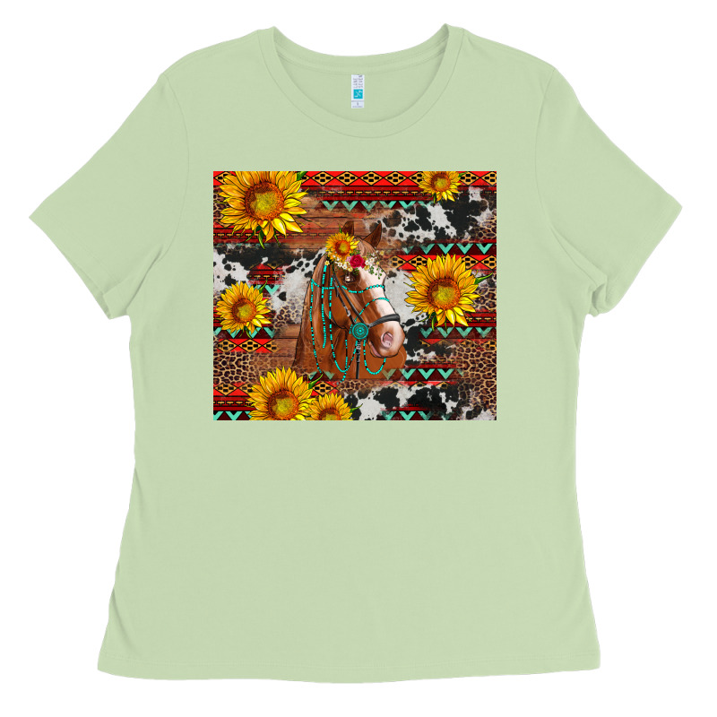 Western Horse With Sunflowers And Aztec Leopard Cowhide Ladies Tee by Artiststas | Teevron
