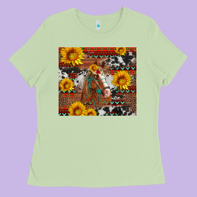 Western Horse With Sunflowers And Aztec Leopard Cowhide Ladies Tee Designed By Artiststas
