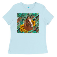 Baby Blue western horse with gemstone and sunflower Ladies Tee - Artiststas