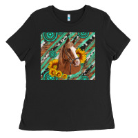 Black western horse with gemstone and sunflower Ladies Tee - Artiststas