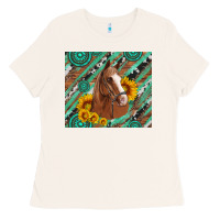 Bone western horse with gemstone and sunflower Ladies Tee - Artiststas