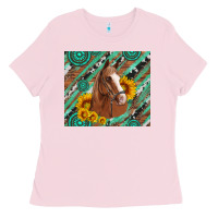 Bubblegum Pink western horse with gemstone and sunflower Ladies Tee - Artiststas