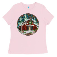 Bubblegum Pink Barn Christmas Ladies Tee - RanaPortraitStore