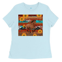 Baby Blue western horse and sunflowers cowhide leopard with aztec Ladies Tee - Artiststas