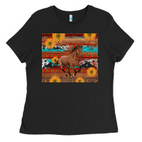 Black western horse and sunflowers cowhide leopard with aztec Ladies Tee - Artiststas