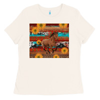 Bone western horse and sunflowers cowhide leopard with aztec Ladies Tee - Artiststas
