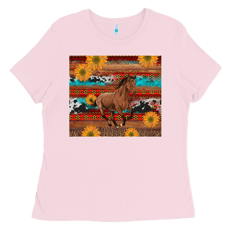 Western Horse And Sunflowers Cowhide Leopard With Aztec Ladies Tee by Artiststas | Teevron
