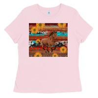 Bubblegum Pink western horse and sunflowers cowhide leopard with aztec Ladies Tee - Artiststas