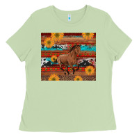 Matcha western horse and sunflowers cowhide leopard with aztec Ladies Tee - Artiststas