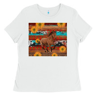 White western horse and sunflowers cowhide leopard with aztec Ladies Tee - Artiststas