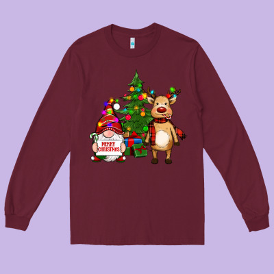 Merry Christmas Gnomes, Reindeer Long Sleeve Tee Designed By Ranaportraitstore