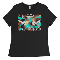 Black western cowhide turquoise and wood background Ladies Tee - Artiststas