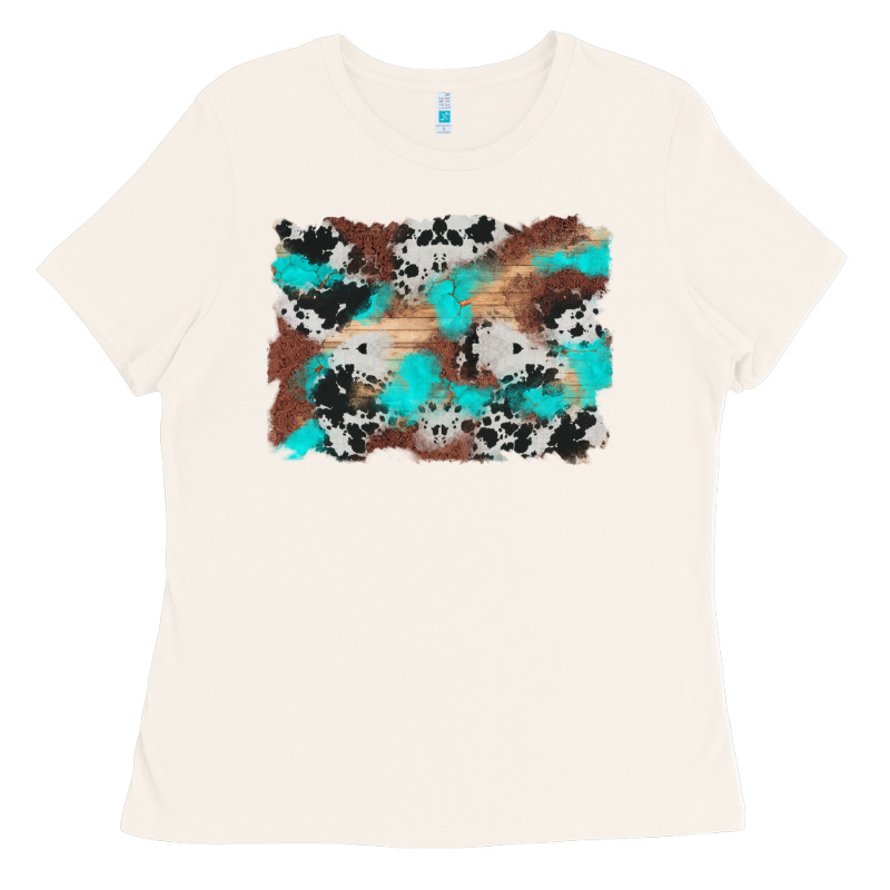 Western Cowhide Turquoise And Wood Background Ladies Tee by Artiststas | Teevron