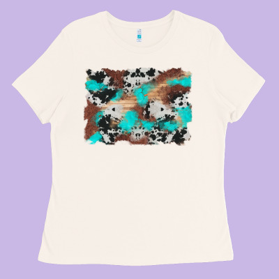 Western Cowhide Turquoise And Wood Background Ladies Tee Designed By Artiststas