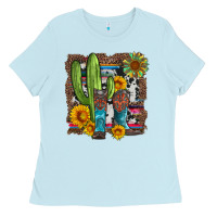 Baby Blue western cactus with cowboy boots and sunflowers Ladies Tee - Artiststas