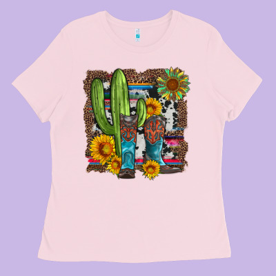 Western Cactus With Cowboy Boots And Sunflowers Ladies Tee Designed By Artiststas