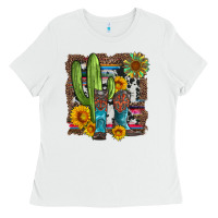 White western cactus with cowboy boots and sunflowers Ladies Tee - Artiststas