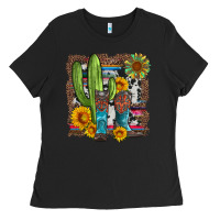 Black western cactus with cowboy boots and sunflowers Ladies Tee - Artiststas