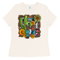 Bone western cactus with cowboy boots and sunflowers Ladies Tee - Artiststas