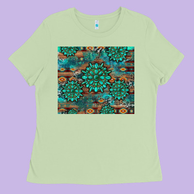 Gemstone Turquoises Aztec Leopard Cowhide Ladies Tee Designed By Artiststas