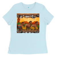 Baby Blue western horses and  sunset with sunflowers Ladies Tee - Artiststas