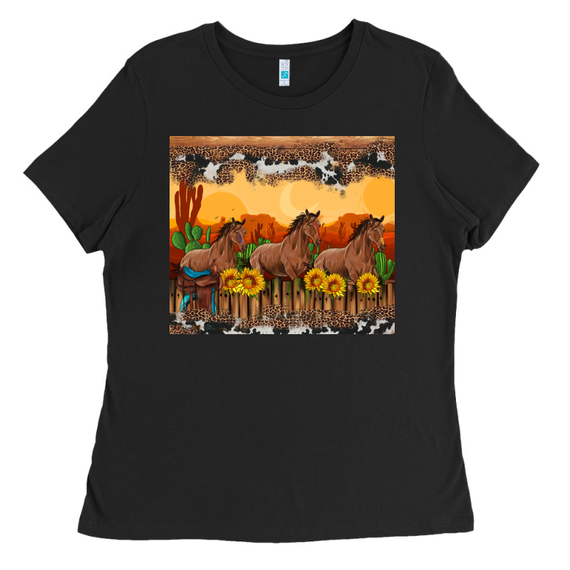 Western Horses And  Sunset With Sunflowers Ladies Tee by Artiststas | Teevron