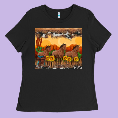 Western Horses And  Sunset With Sunflowers Ladies Tee Designed By Artiststas