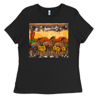 Black western horses and  sunset with sunflowers Ladies Tee - Artiststas