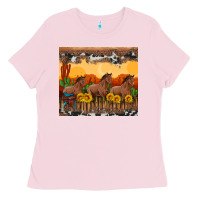 Bubblegum Pink western horses and  sunset with sunflowers Ladies Tee - Artiststas