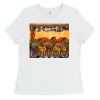 White western horses and  sunset with sunflowers Ladies Tee - Artiststas