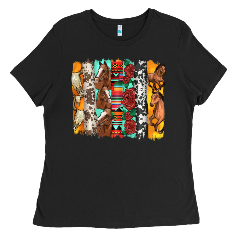 Western Horses Roses And Bullskulls Wıth Cowhide Amd Serape Brushstro Ladies Tee by Artiststas | Teevron