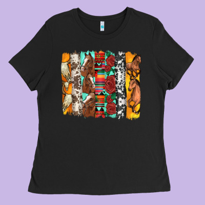 Western Horses Roses And Bullskulls Wıth Cowhide Amd Serape Brushstro Ladies Tee Designed By Artiststas