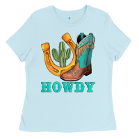 Baby Blue howdy turquoise cowboy boots horseshoe Ladies Tee - AdoDesignShop