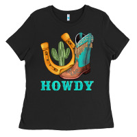 Black howdy turquoise cowboy boots horseshoe Ladies Tee - AdoDesignShop