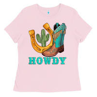 Bubblegum Pink howdy turquoise cowboy boots horseshoe Ladies Tee - AdoDesignShop