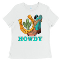 White howdy turquoise cowboy boots horseshoe Ladies Tee - AdoDesignShop