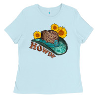 Baby Blue howdy leopard tooled leather hat Ladies Tee - AdoDesignShop