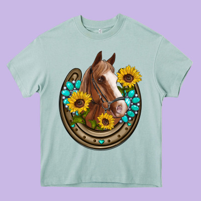 Western Horseshoe Horse Sunflowers Gemstone Heavy Core Tee Designed By Artiststas