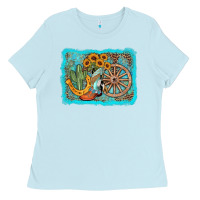 Baby Blue western wooden wheel cowboy boots Ladies Tee - AdoDesignShop